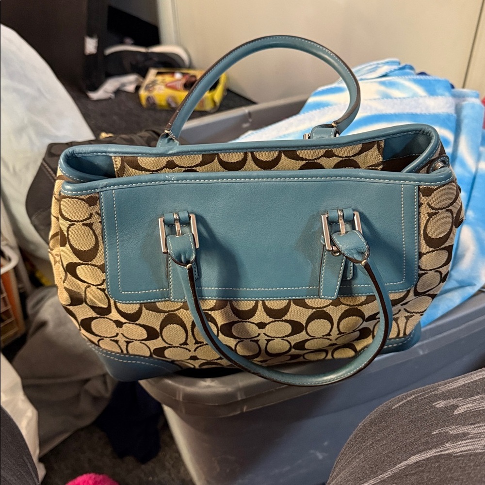 Coach Blue and Tan Shoulder Bag